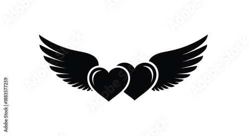 a black and white graphic design featuring two hearts with wings