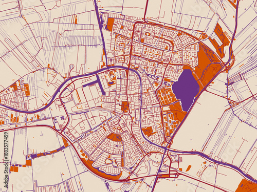 Urban map poster of Alphen aan de Rijn, Netherlands with cream-toned map field with burgundy roads, terracotta highlights and muted violet water shapes