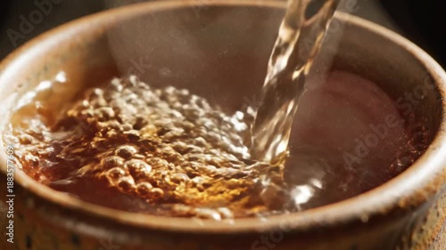 Pouring Delight:  Close-up shot of liquid gold, cascade from above, overflowing into an ancient ceramic pot. Evokes a sense of warmth,  rich texture, and delicious taste, with delicate bubbles.