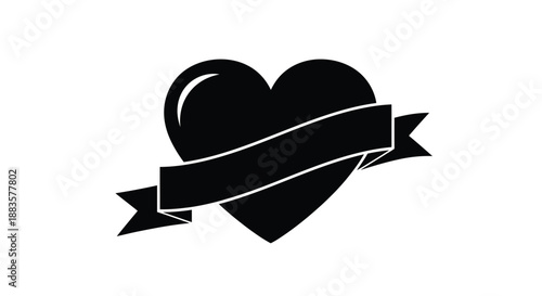 a black and white illustration of a heart with a banner across it
