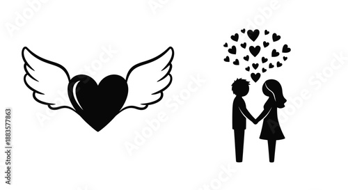 a silhouette of winged heart and a couple embracing surrounded by hearts
