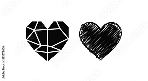 two hearts illustrated one geometric one hand drawn with sketched details