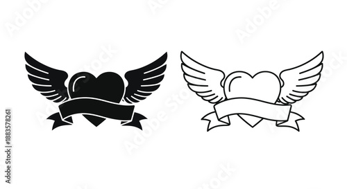 heart with wings and ribbon banner design in black and white vector graphics