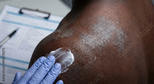Dermatologist applying moisturizing cream to dry skin on shoulder of Black patient in clinic