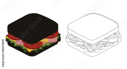 a colorful sandwich illustration with a black and a monochrome outline version