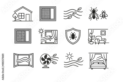 Home minimalist concept airflow screen interior icon ventilation vector scene quiet insect