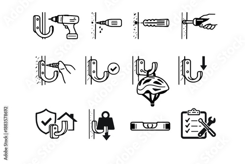 Logic direction vector hopreparation bike helmet hook installation care icon safe stable