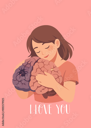 Girl holding/hugging her brain. Psychology, help, selflove, Heal.