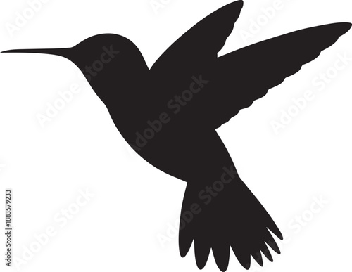 Hummingbird Silhouette in Flight with Dramatic Pose in Black on White Background for Wildlife Illustration
