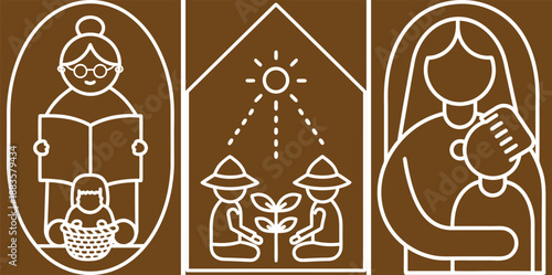 Family Values Concept Featuring Education, Growth, And Caregiving Illustrated In Minimalist Line Art Style