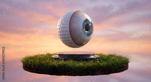 surreal 3d render of floating hybrid golf ball eyeball above grassy island with sunset sky in imaginative fantasy scene and realistic cinematic lighting