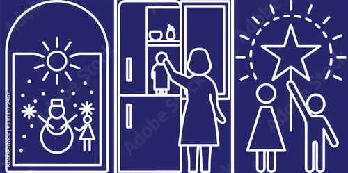 Holiday Traditions Vector Icons Set Featuring Snowman, Cooking, And Star Reaching, Festive Seasonal Illustrations