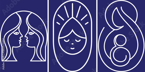 Elegant Woman Faces Linear Icons Set, Motherhood Symbol, Female Portrait Collection, Beauty Industry Design Elements
