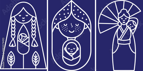 Global Motherhood Collection: Diverse Cultures, Family Love, and Maternal Bonds Represented in Minimalist Line Art