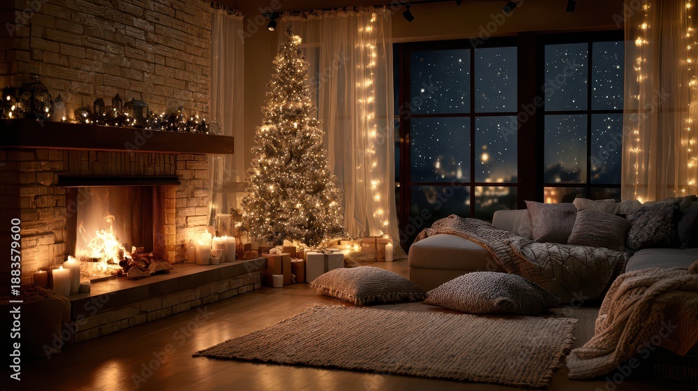 Fototapeta premium Nighttime Christmas Decor: Soft Lighting, Fireplace Glow and Wrapped Presents