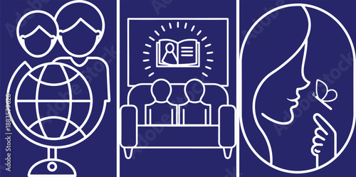 Education Concepts With Globe And Learning Icons, Minimalist Design For Academic Success And Knowledge Development