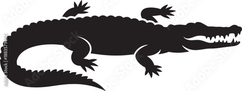 Crocodile Silhouette with Young on Back in Dramatic Black Silhouette on White Background for Wildlife Illustration