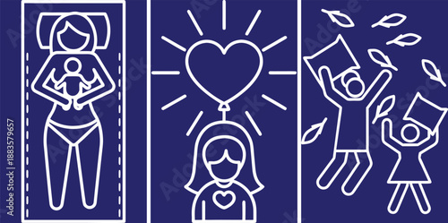 Healthcare, Love, And Celebration Line Icons Set, Medical Support, Happiness, Graduation Vector Illustration