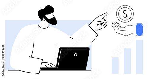 Financial transaction concept. Financial exchanges illustrated with a person, laptop, dollar symbol, and growth bars. Financial efficiency, cash flow, investment, fintech digital economy