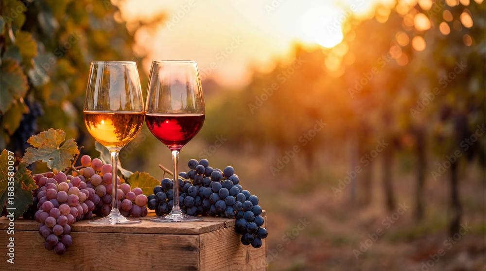 Fototapeta premium Two glasses filled with wine sit on a wooden crate beside bunches of grapes. The sun sets behind rows of grapevines, creating a warm atmosphere during harvest time.