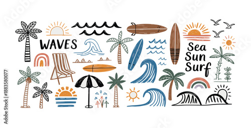 Colorful Hand Drawn Summer Beach Elements surf waves
