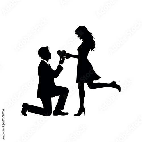 Man kneeling down proposing with heart to woman in dress and high heels indoors