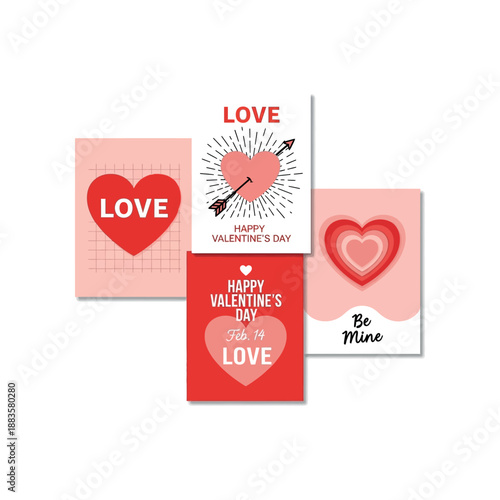 Collection of Valentine's Day greeting cards with heart designs and love messages displayed together on a white background