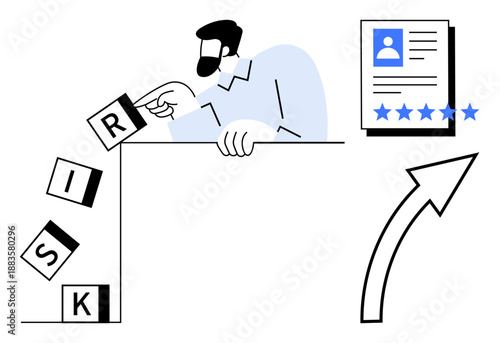 Man analyzing and preventing risks with block letters spelling risk, professional profile with star ratings, and upward arrow for success. Ideal for risk management, decision-making, business