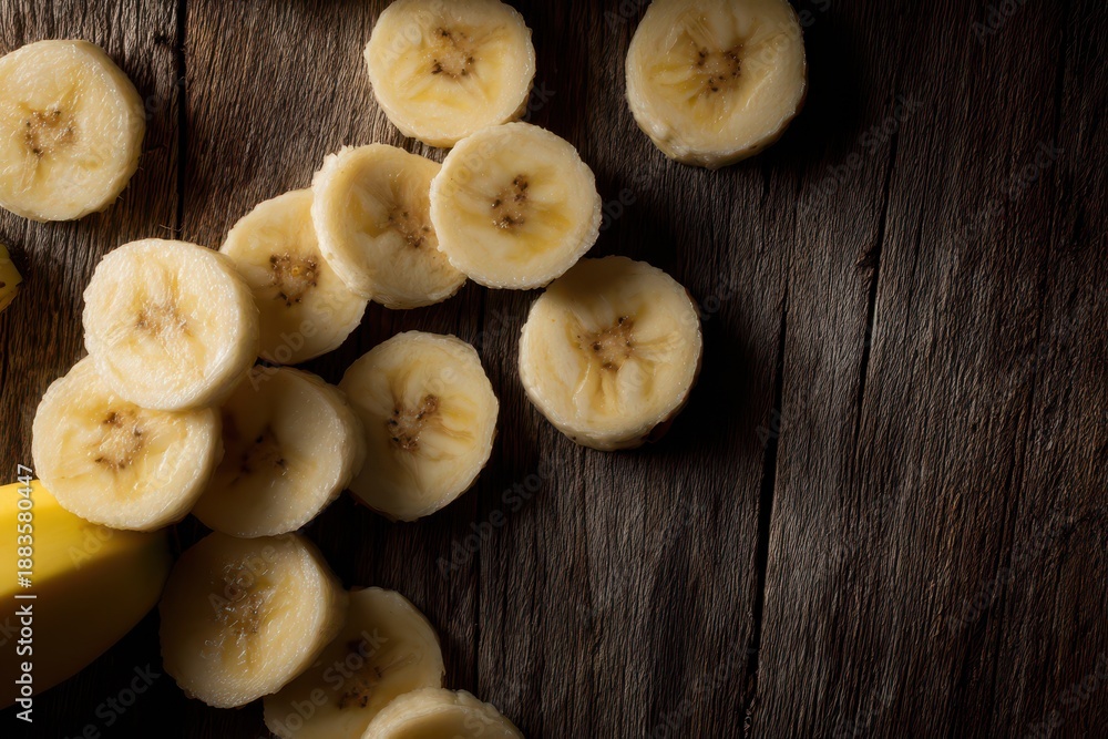 Fototapeta premium Bright, simple banana slice composition on a dark wood surface designed for versatile marketing use