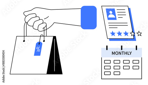 Hand gripping shopping bag with discount tag, customer rating card with star rating, and a monthly calendar. Ideal for e-commerce, customer feedback, retail marketing, sales tracking, business
