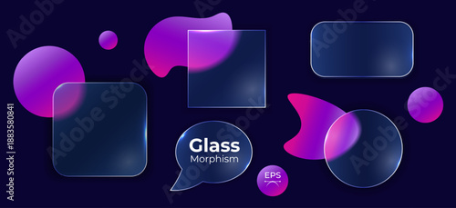 Modern Glass Morphism UI kit with transparent panels, buttons and speech bubbles. Futuristic abstract interface elements for app design, website layout, dashboard and digital product. Vector.