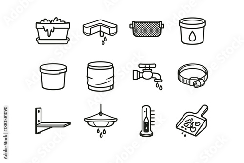 Vector lid balcony catcher rainwater gutter icons overflow drain drip snap water