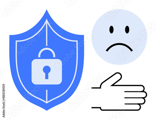 Cybersecurity concept. Cybersecurity symbolized by a shield with a padlock, highlighting digital safety. Cybersecurity reflects privacy concerns with sad face and gesture. Useful for tech blogs