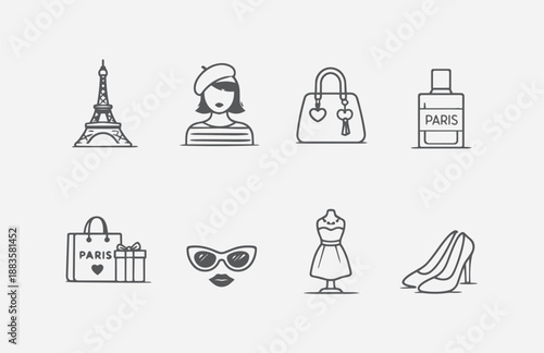 Minimalist icon set inspired by Paris Fashion Week, featuring women fashion, accessories, perfume, handbags, shoes and iconic Paris symbols. Stroke line style, perfect for fashion and branding project