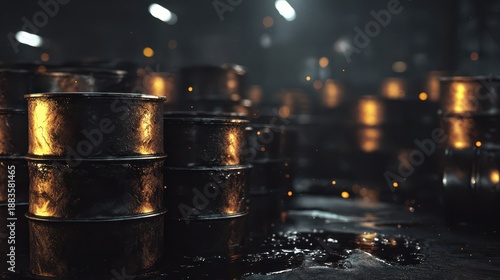Wallpaper Mural Moody 3D illustration of black oil drums stacked in an industrial warehouse Torontodigital.ca