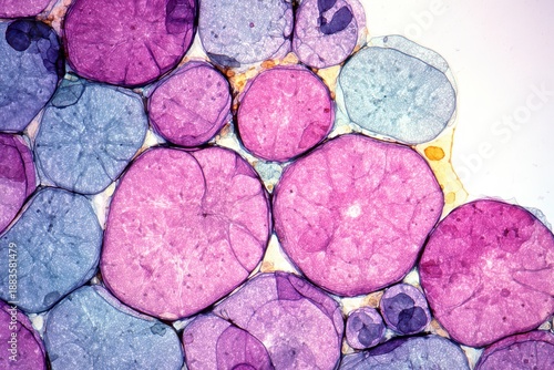 Photomicrograph of human adipose tissue showing adipocytes under light microscopy