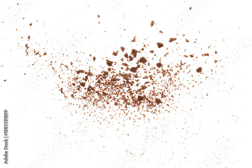 Fotografie Pile cocoa biscuits crumbs, cookie pieces flying isolated on white, clipping pat