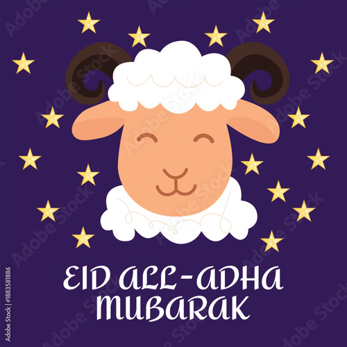 Eid al-Adha Mubarak greeting card and banner with cute sheep and stars, Islamic holiday celebration design, Muslim festival illustration for social media, posters and invitations