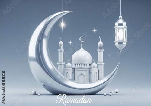 Celebrating ramadan with crescent moon and mosque