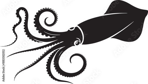 Octopus Silhouette with Curled Tentacles in Dark Moody Black and White Illustration for Marine Life