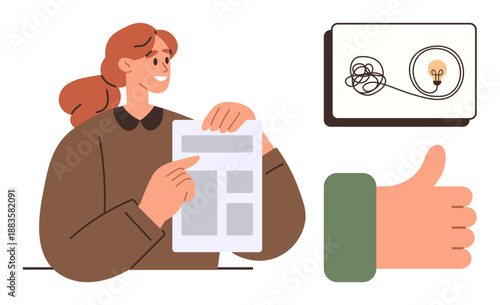 Problem-solving, creativity, business ideas, innovation methods, teamwork, presentations. A woman holds a document, a problem-solution diagram and a thumbs-up gesture. Problem-solving and creativity
