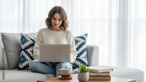 Young woman using laptop at home while sitting on the couch in living room