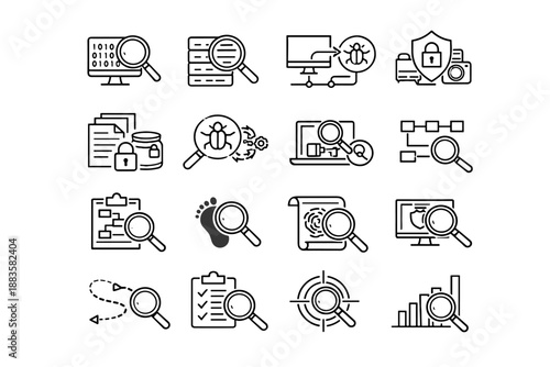 Vector forensics data breach investigation cue digital preservation icon attack step icons