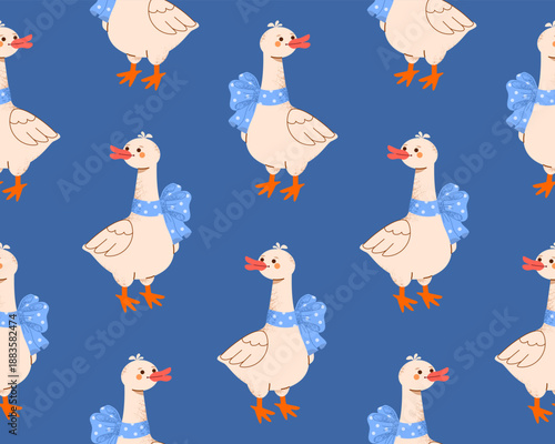 Endless repeating seamless pattern featuring cute white geese with blue polka-dot bow around their necks. Cute childish vector illustration for textile backgrounds and wrapping paper.