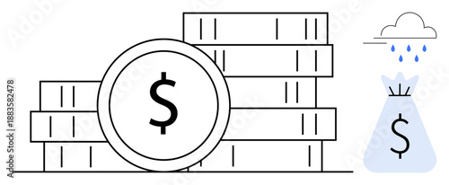 Stacks of coins with dollar symbol, money bag, and rain cloud suggest wealth, savings, investment, economic growth, budget planning, financial risk, and cash flow management