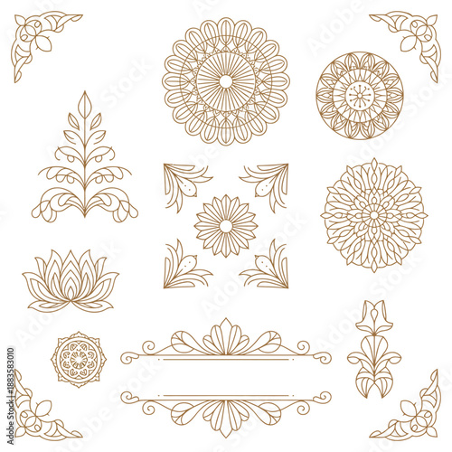 Thai Ethnic Decorative Elements Vector Collection Featuring Traditional Thai Ornaments, Cultural Motifs, and Elegant Ethnic Illustration Details for Heritage and Graphic Design