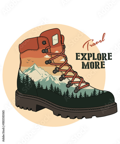 Adventure Hiking Boot with Mountain Landscape – Travel Explore More T-Shirt Design