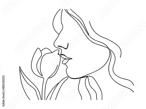 Woman smelling a tulip flower line art profile face