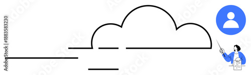 Minimalistic cloud with lines suggesting connection, user avatar, teacher explaining data. Ideal for technology, learning, teamwork, cloud computing, data sharing, digital collaboration simple flat