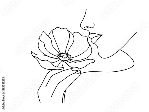 Woman Smelling Flower Line Art face profile